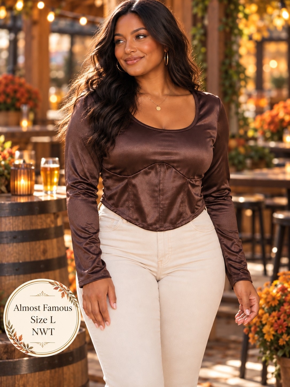 Almost Famous NWT Chocolate Brown Satin Corset Long Sleeve Top Size L